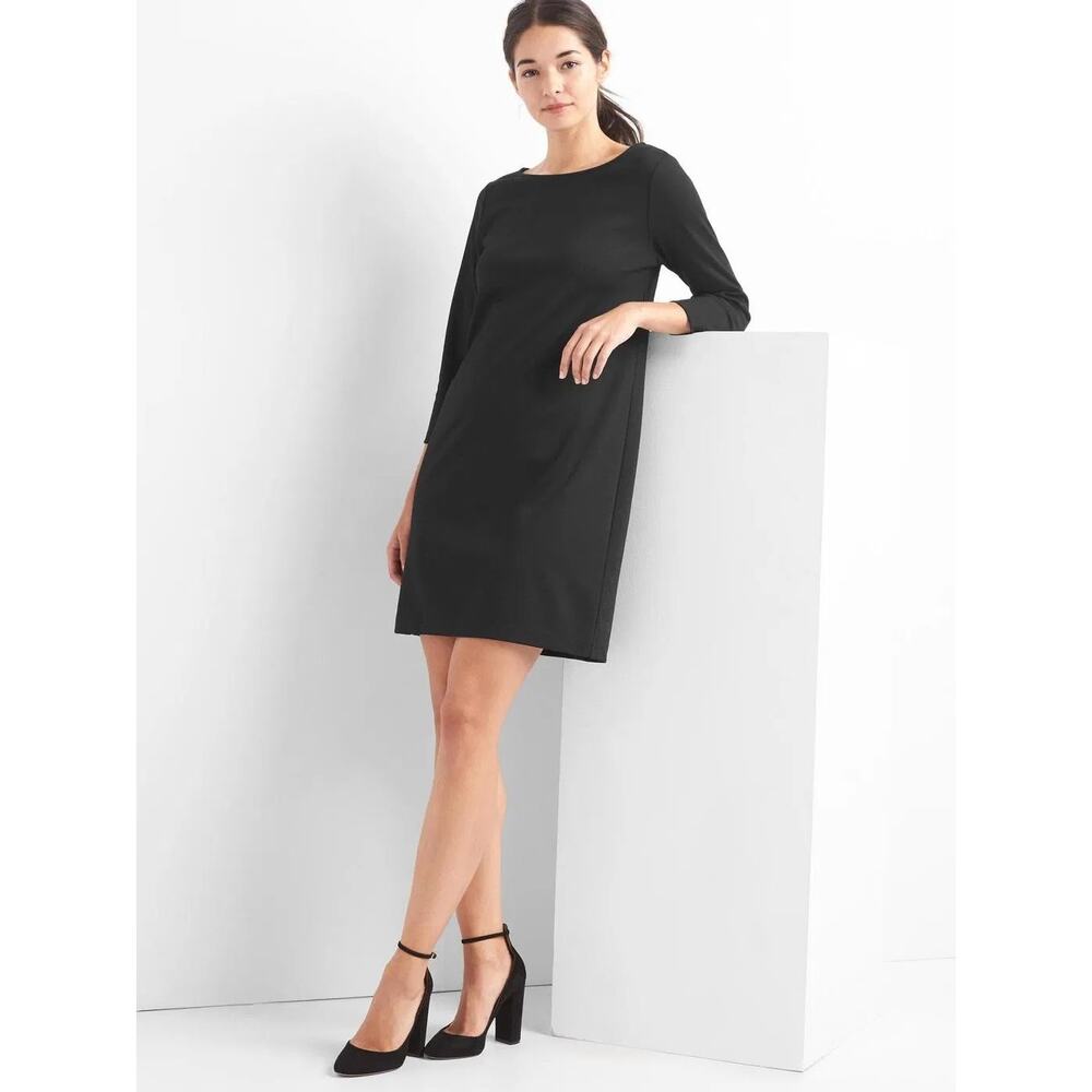 Gap Boat Neck Shift Dress XS Black 3/4‎ Sleeve Faux Leather Trim Zipper Back LBD